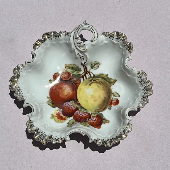 Dining Vintage Candy Fruit Trinket Ceramic Dish With Gold Trim Apples